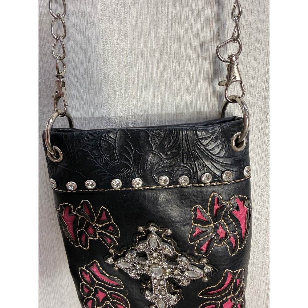Western Black Pink Floral Cross Rhinestone Crossbody Phone Bag Chain Strap - Picture 12 of 14